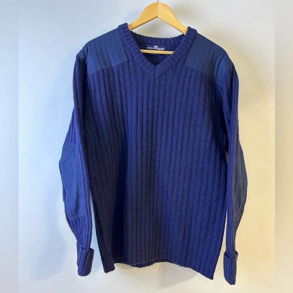 Vintage 90s Sportsmaster Wool Navy Blue Commando‎ Sweater Elbow Patches XL - Picture 2 of 9